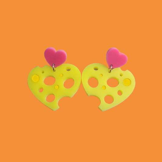 Cheese Love Heart - Laser Cut Acrylic Statement Earrings
