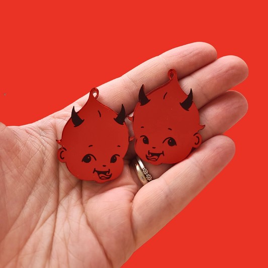 Devil Kewpie Babies on Mirrored Red Acrylic - Earrings - Laser Cut