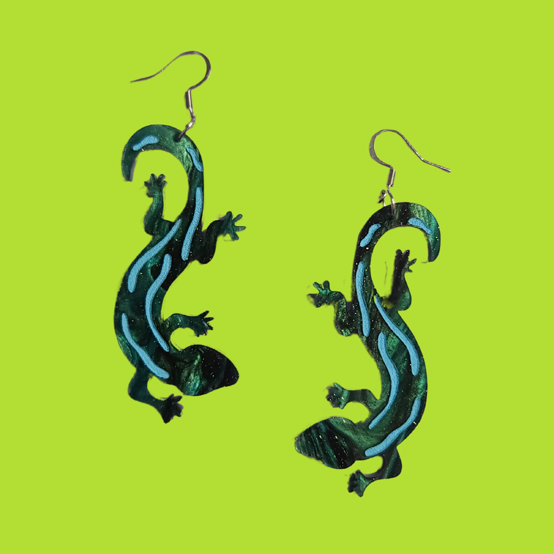 Lizard Green Gecko - Laser Cut Acrylic Statement Earrings