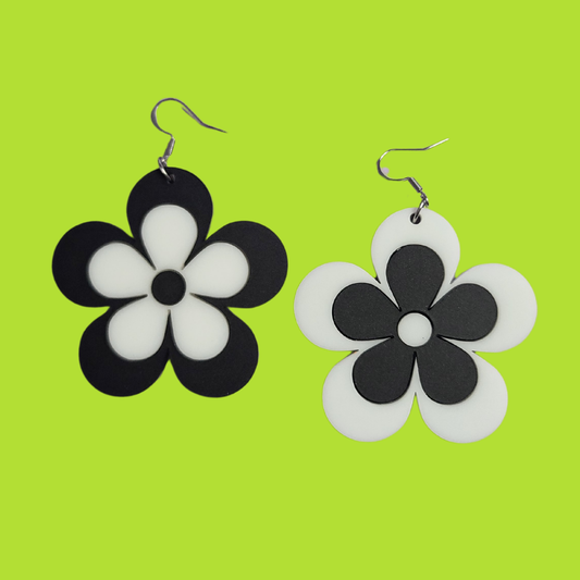 Retro Black and White Flowers - Laser Cut Acrylic Statement Earrings
