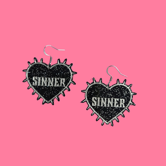Sinner Black and Silver Spiked Heart - Laser Cut Acrylic Statement Earrings