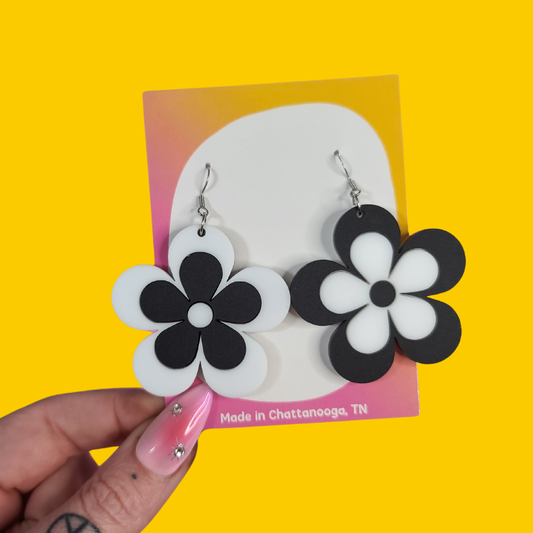 Retro Black and White Flowers - Laser Cut Acrylic Statement Earrings