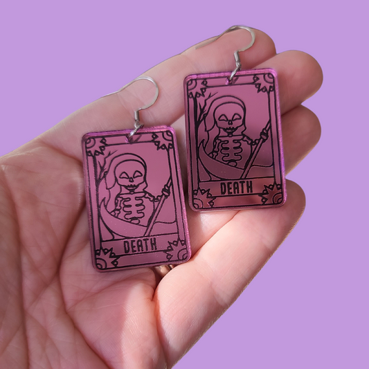 Tarot Cards Death on Pink Mirrored Acrylic - Earrings - Laser Cut