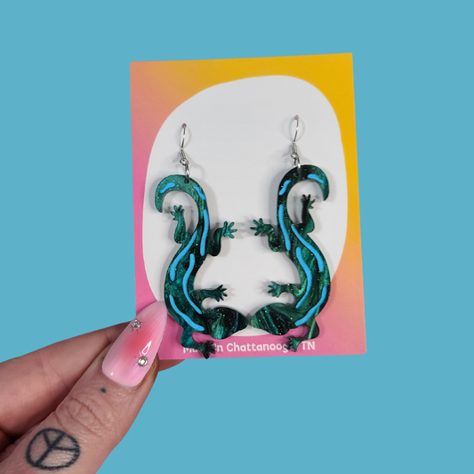 Lizard Green Gecko - Laser Cut Acrylic Statement Earrings