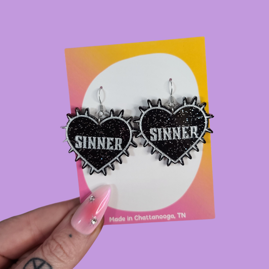 Sinner Black and Silver Spiked Heart - Laser Cut Acrylic Statement Earrings