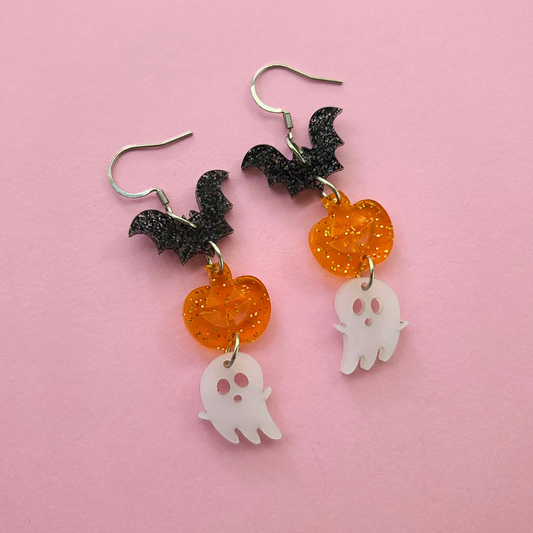 Trio Bat, Pumpkin, Ghost Halloween - Earrings - Laser Cut