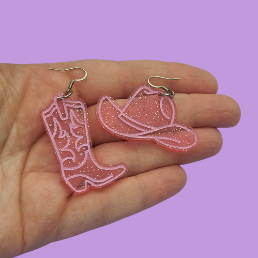 Pink Cowboy Set with Hat and Boot - Laser Cut Earrings - Pink Jelly Glitter