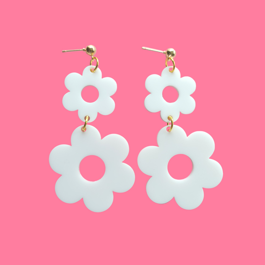 White Double Flowers - Earrings - Laser Cut Acrylic