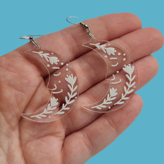 Smaller Folk Crescent Moons on Clear Acrylic - Earrings - Laser Cut