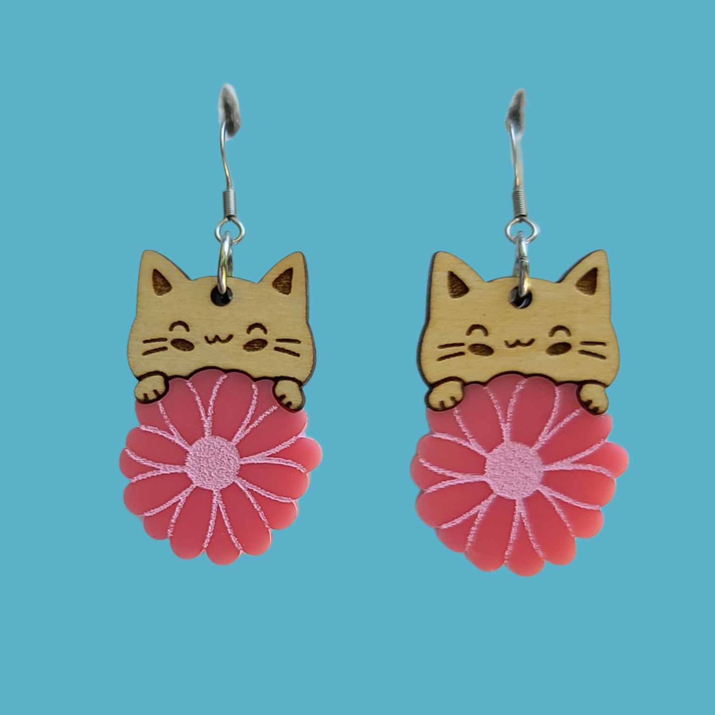 Cute Cat with Pink Daisy - Laser Cut Earrings