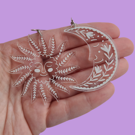Statement Folk Crescent Moon and Sun on Clear Acrylic - Earrings - Laser Cut