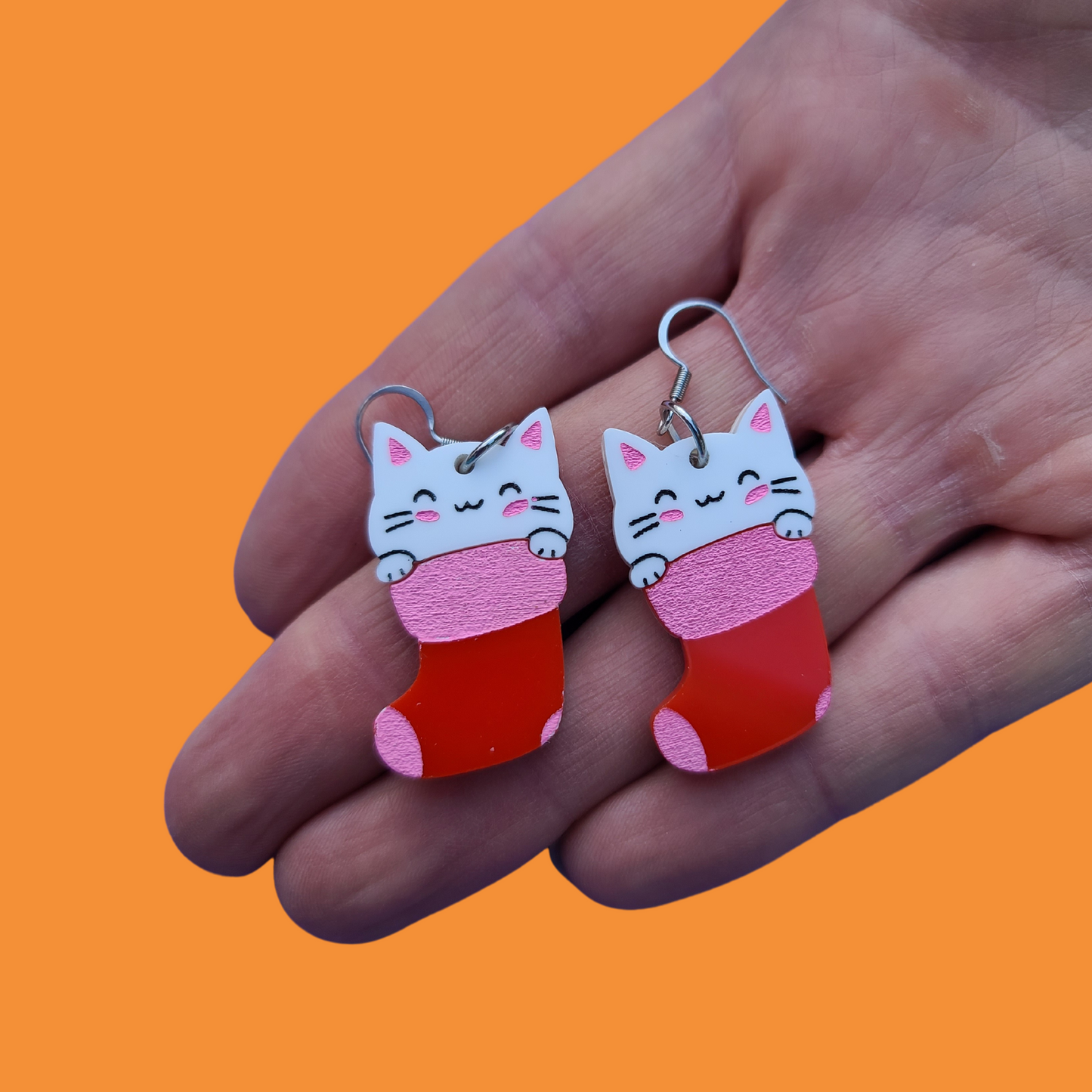 Cat with Stocking - Pink and Red- Christmas