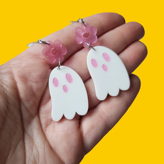Pink Ghosties with Flower - Earrings - Laser Cut