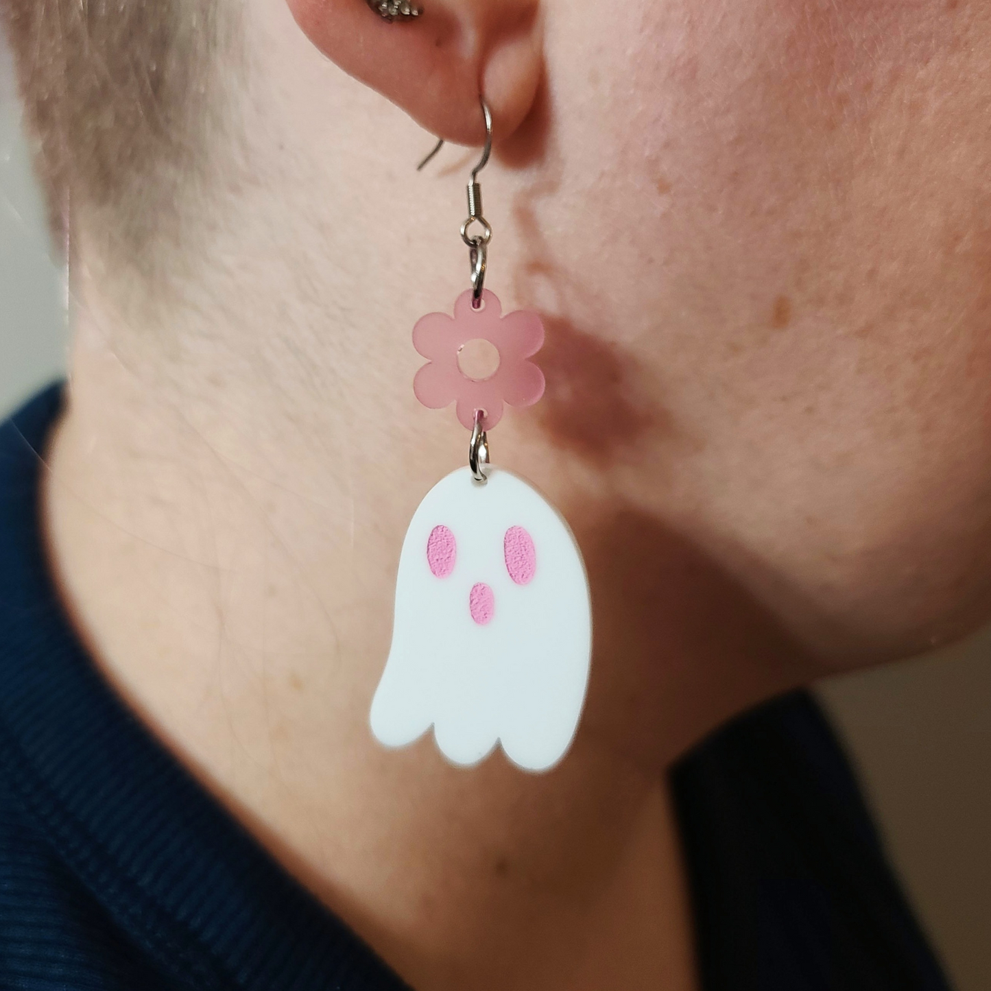 Pink Ghosties with Flower - Earrings - Laser Cut