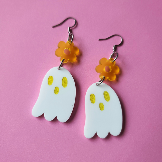 Yellow Ghosties with Flower - Earrings - Laser Cut