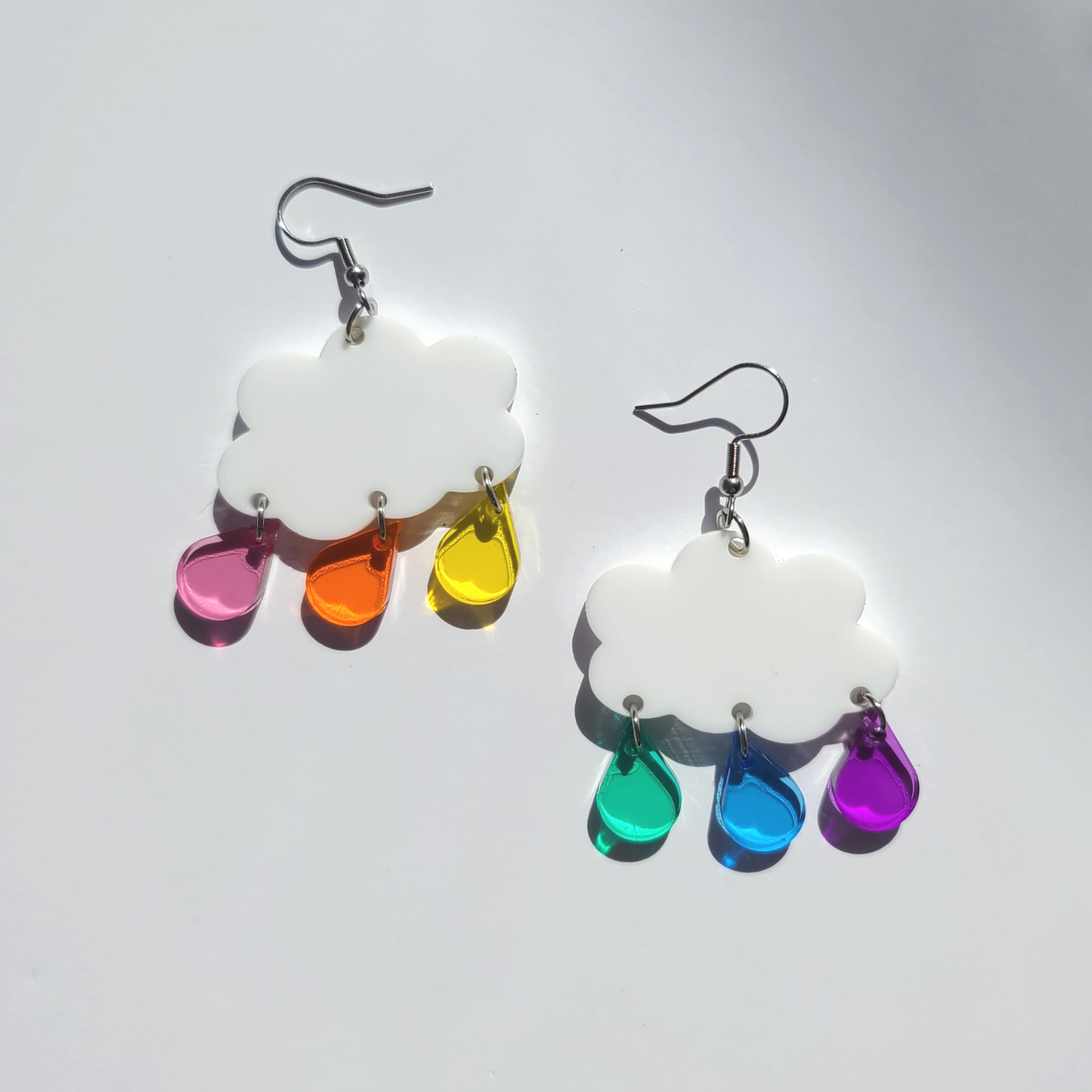 White Clouds with Rainbow Translucent Raindrops - Earrings - Laser Cut