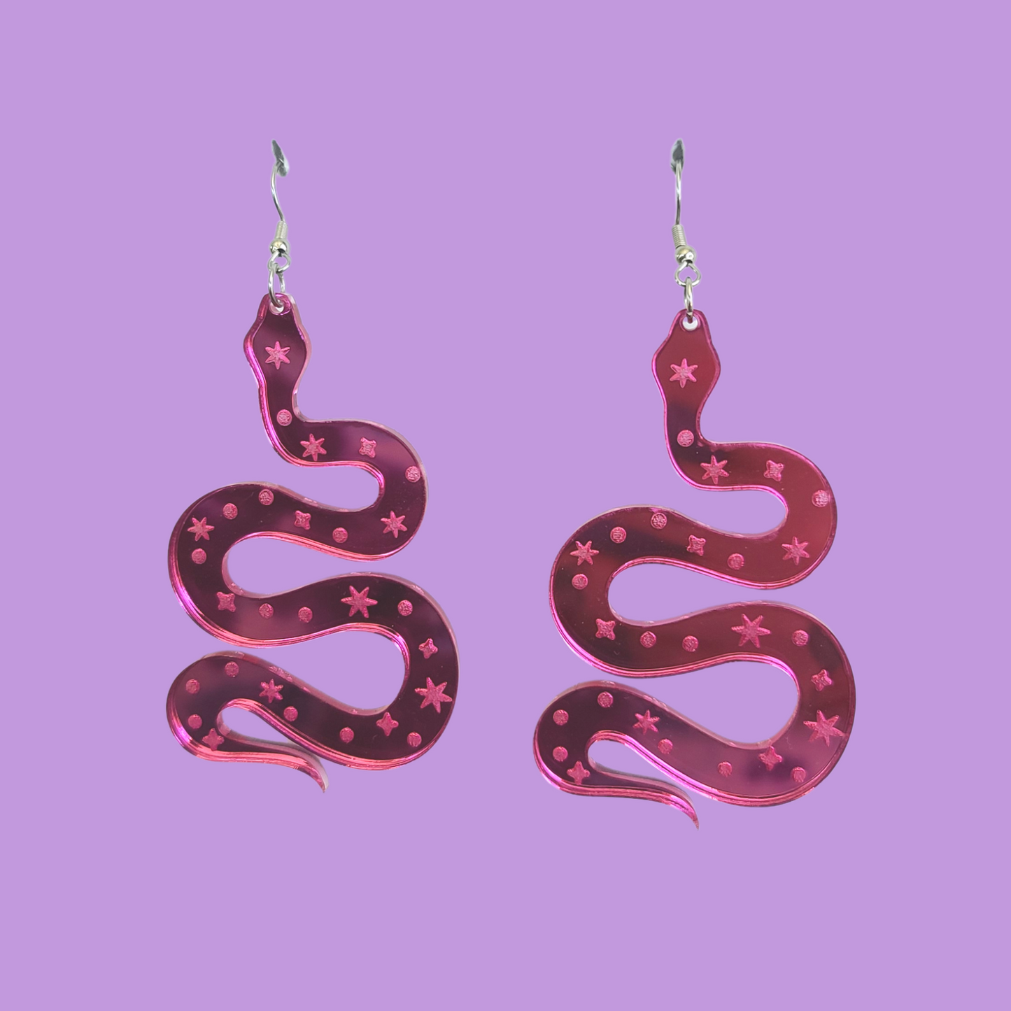Celestial Snakes on Mirrored Pink Acrylic - Large - Earrings - Laser Cut