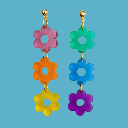 Triple Rainbow Flowers on Translucent Acrylic - Earrings - Laser Cut