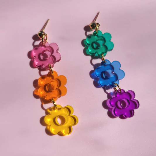 Triple Rainbow Flowers on Translucent Acrylic - Earrings - Laser Cut