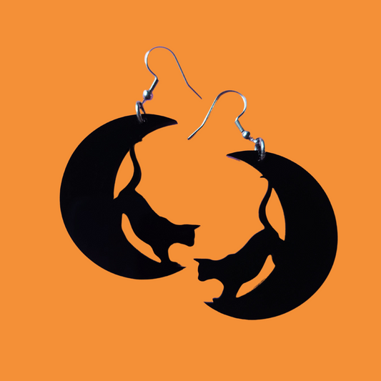 Cat on Crescent Moon - Earrings - Laser Cut