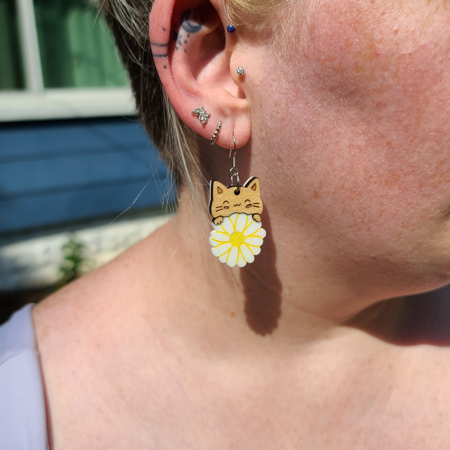 Cats with Daisy Flower - Laser Cut Earrings