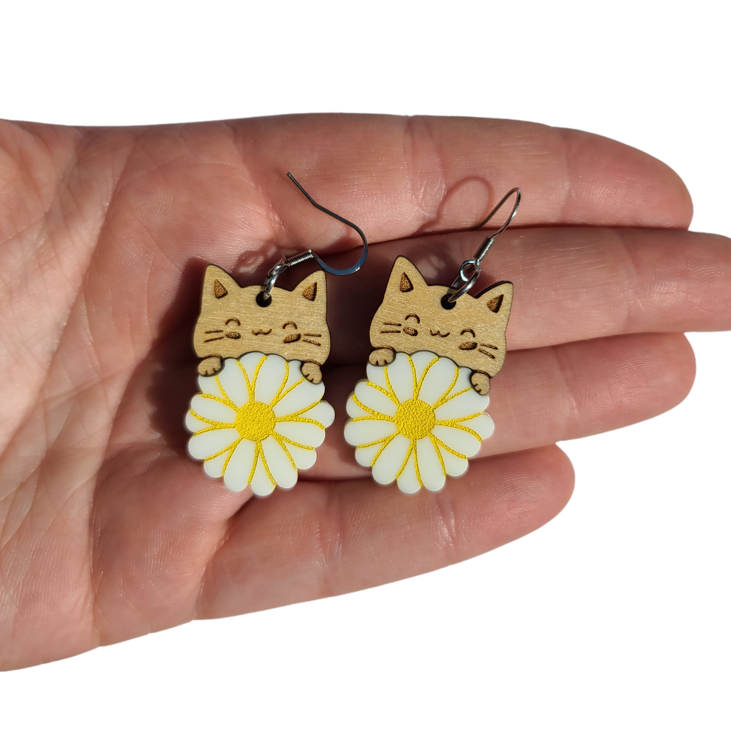 Cats with Daisy Flower - Laser Cut Earrings