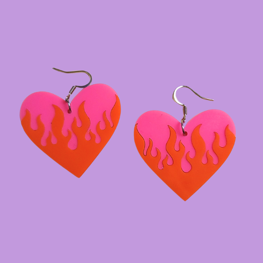 Heart on Fire Pink and Red - Laser Cut Acrylic Statement Earrings