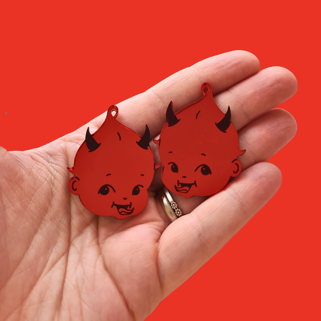 Devil Kewpie Babies on Mirrored Red Acrylic - Earrings - Laser Cut