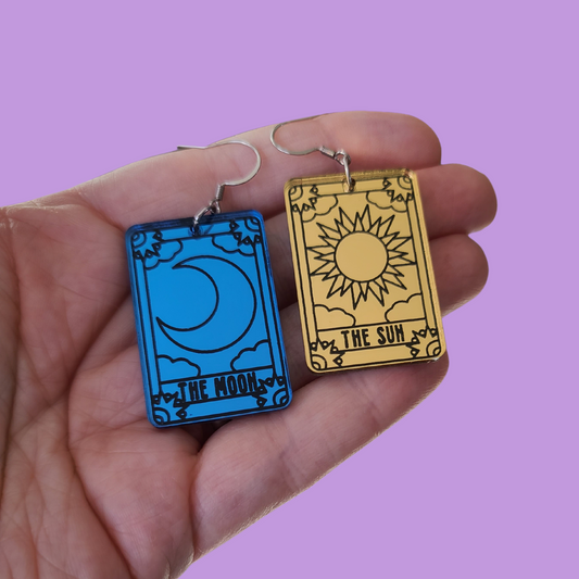Tarot Cards Sun and Moon on Mirrored Acrylic - Earrings - Laser Cut
