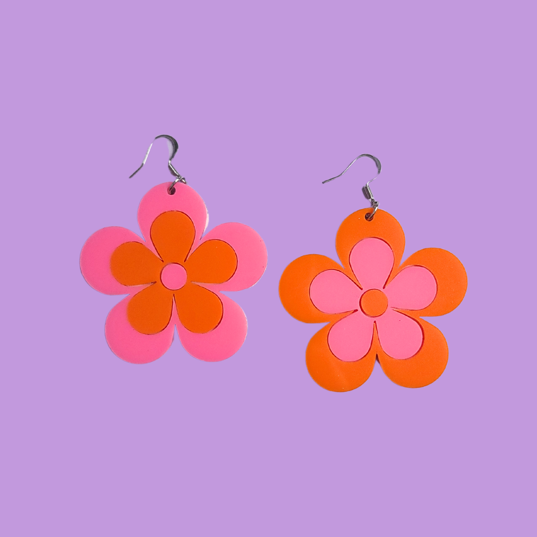 Retro Orange and Pink Flowers - Laser Cut Acrylic Statement Earrings