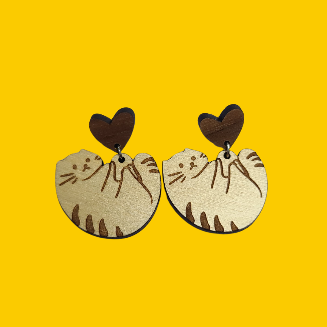 Hanging Love Cat - Laser Cut Acrylic Statement Earrings