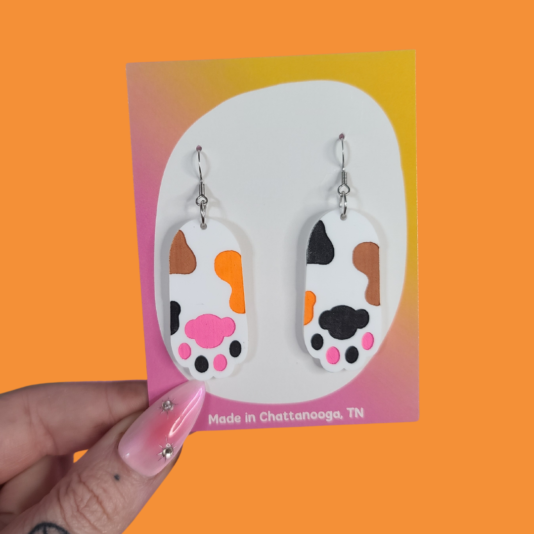 Cat Paws Calico Kitty - Laser Cut Acrylic Statement Earrings