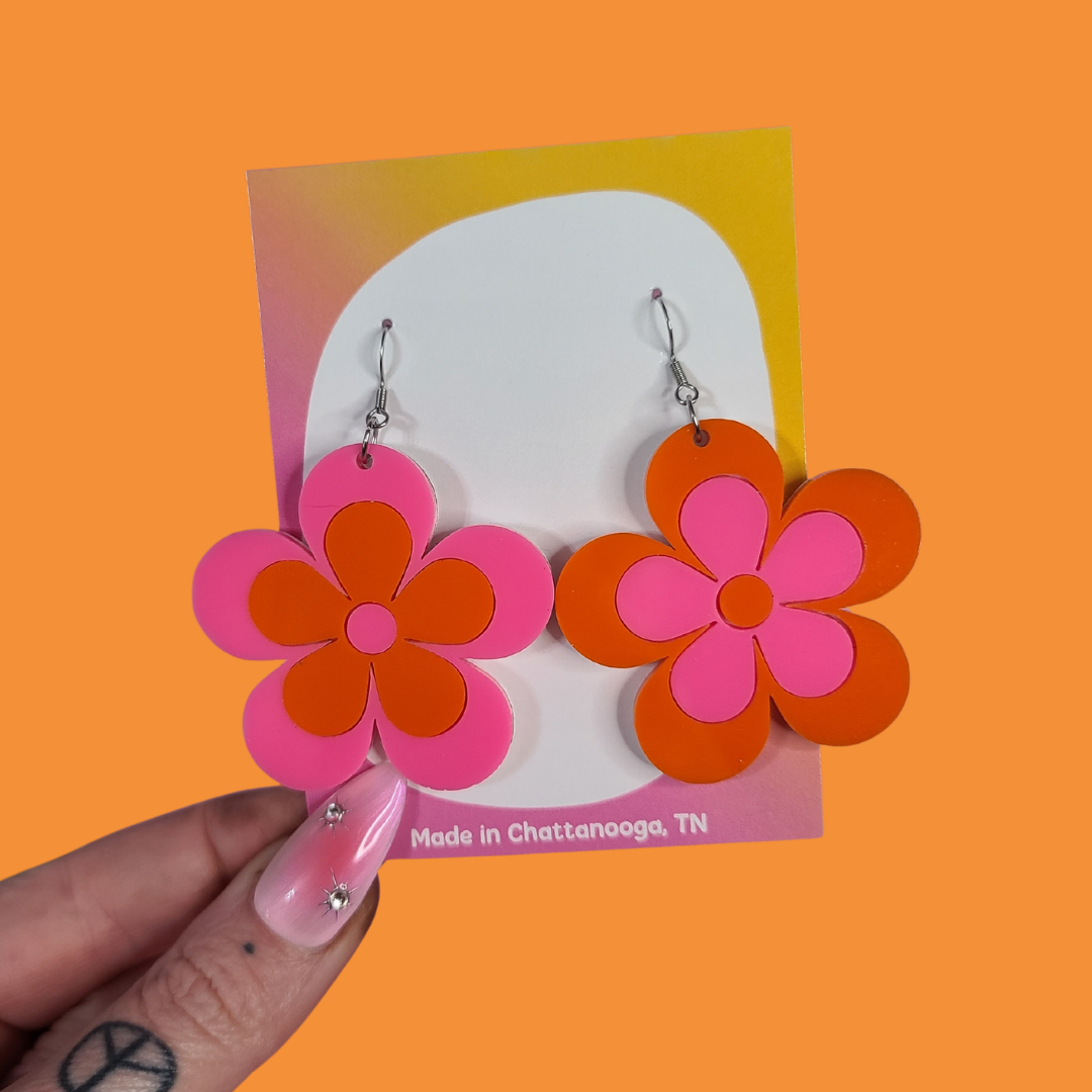 Retro Orange and Pink Flowers - Laser Cut Acrylic Statement Earrings