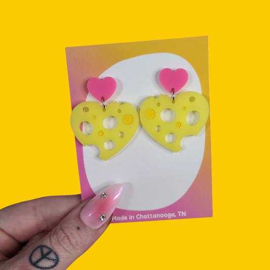 Cheese Love Heart - Laser Cut Acrylic Statement Earrings