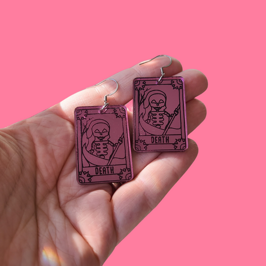 Tarot Cards Death on Pink Mirrored Acrylic - Earrings - Laser Cut
