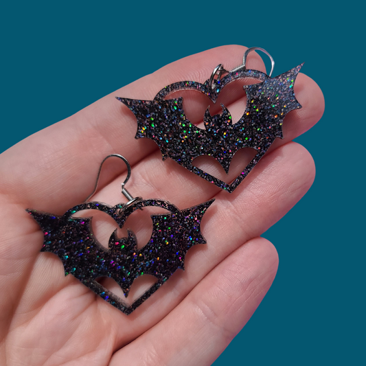 Bat Glitter Black Hoops - Earrings - Laser Cut