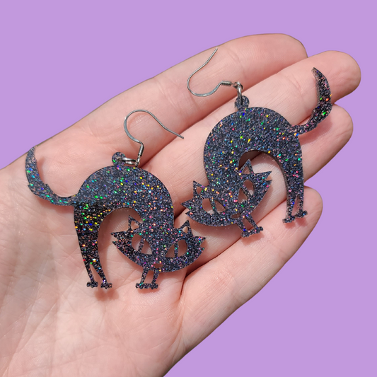 Spooky Cat Black Glitter Halloween - Earrings - Laser Cut