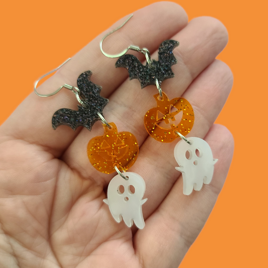 Trio Bat, Pumpkin, Ghost Halloween - Earrings - Laser Cut