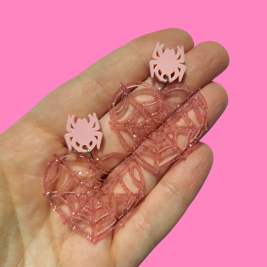 Spider Web Pink Jelly Glitter Halloween - Earrings - Laser Cut