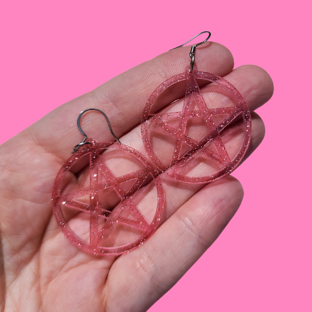 Pentagram Pink Jelly Glitter Halloween - Earrings - Laser Cut