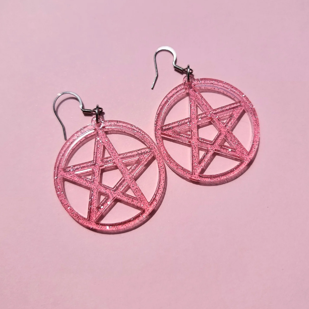 Pentagram Pink Jelly Glitter Halloween - Earrings - Laser Cut