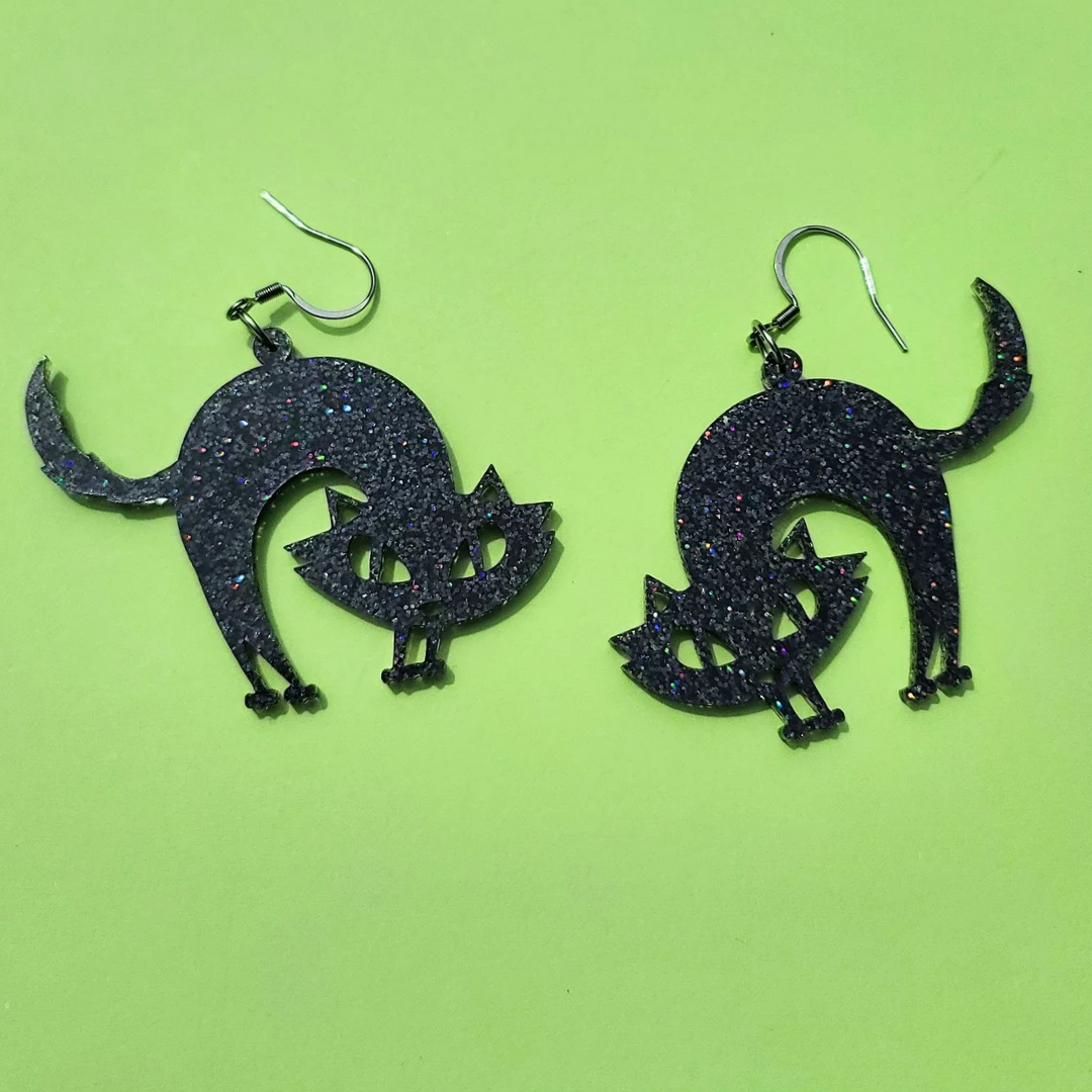 Spooky Cat Black Glitter Halloween - Earrings - Laser Cut