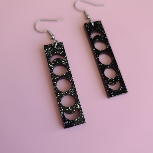 Phases of the Moon on Black Glitter Acrylic - Earrings - Laser Cut