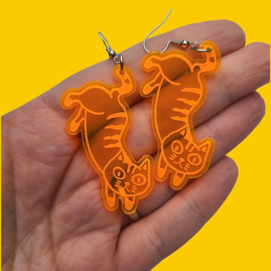 Hanging Cats on Neon Orange Acrylic - Earrings - Laser Cut