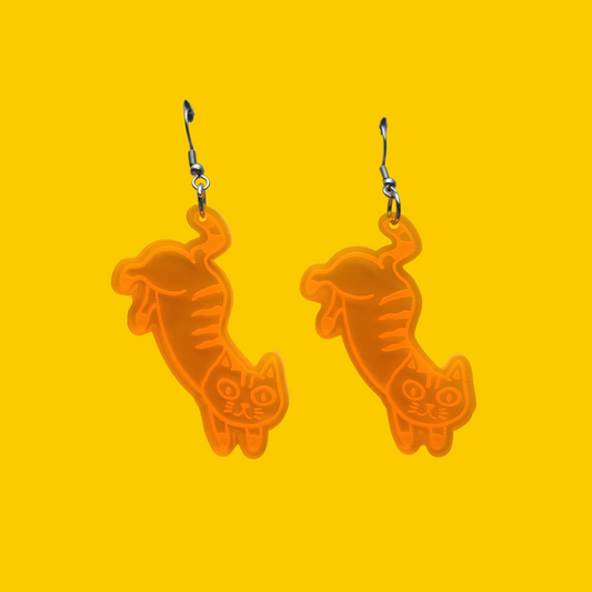 Hanging Cats on Neon Orange Acrylic - Earrings - Laser Cut