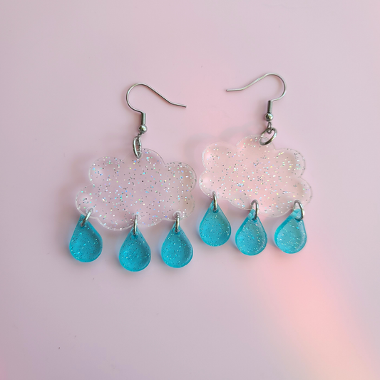 Jelly Glitter Clouds with Raindrops - Earrings - Laser Cut