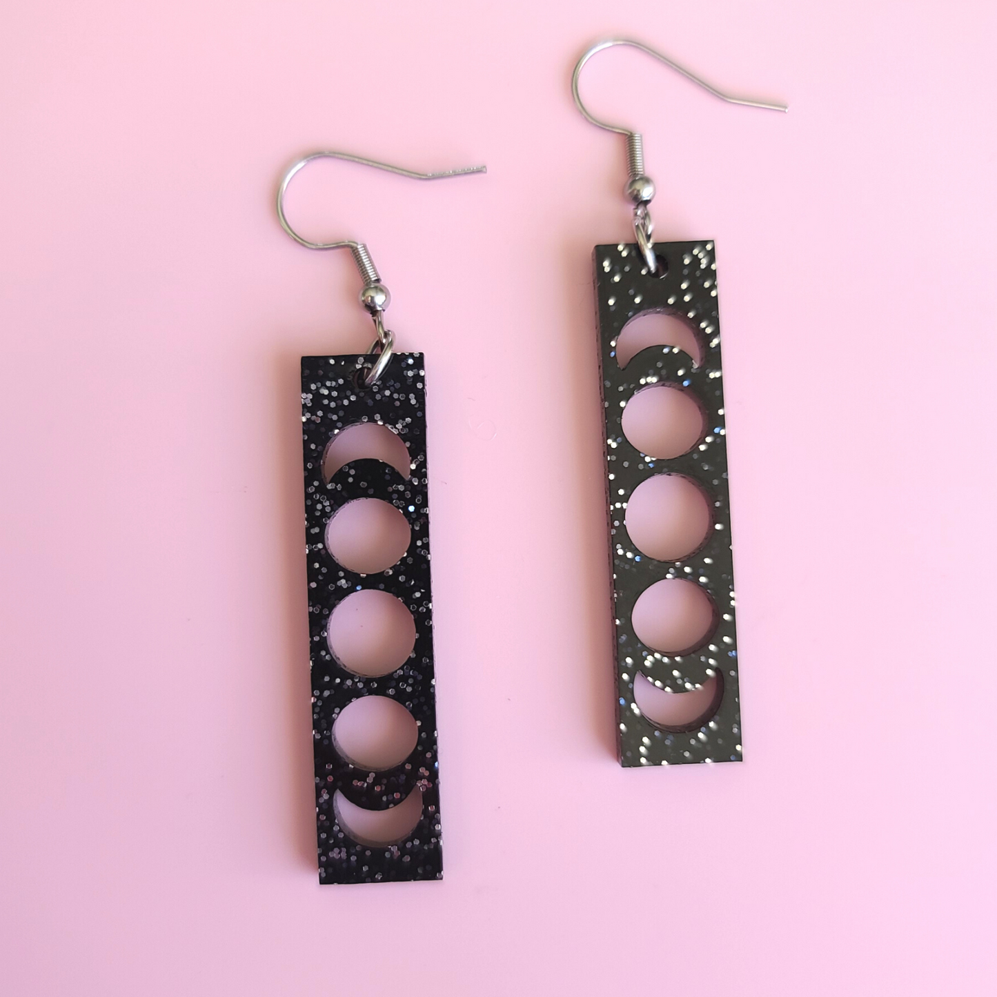 Phases of the Moon on Black Glitter Acrylic - Earrings - Laser Cut