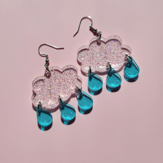 Jelly Glitter Clouds with Raindrops - Earrings - Laser Cut