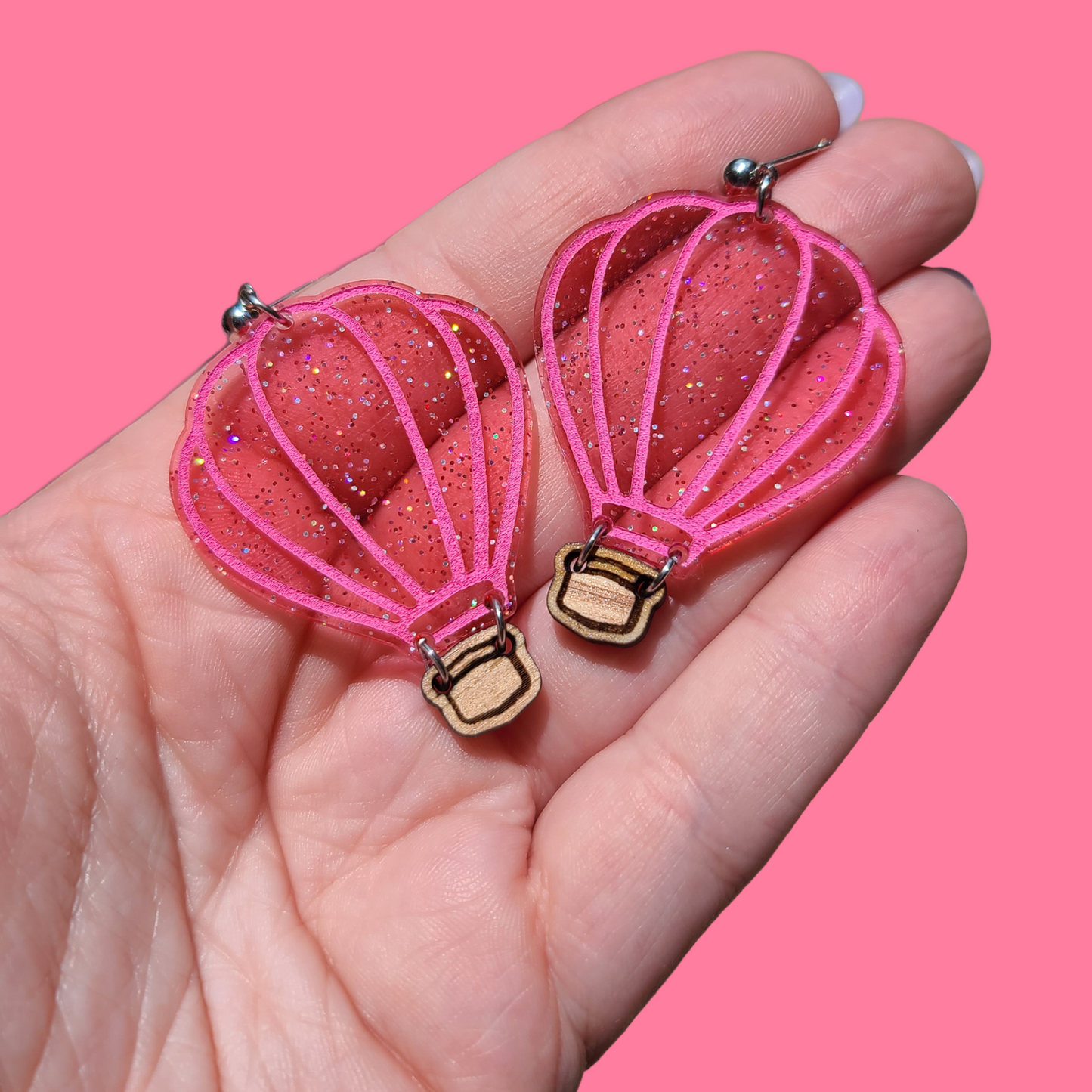 Hot Air Balloons on Glitter Jelly - Laser Cut Earrings - Pink