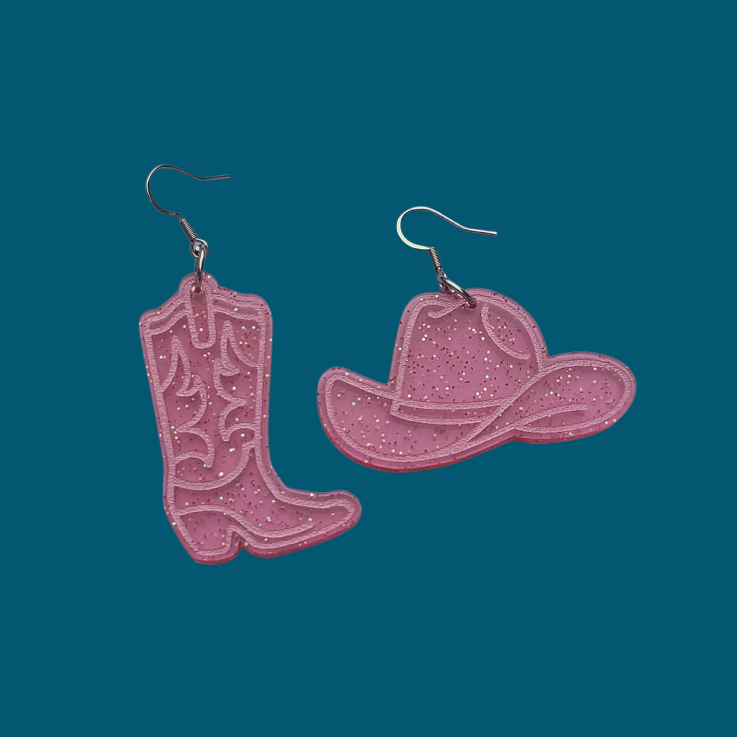 Pink Cowboy Set with Hat and Boot - Laser Cut Earrings - Pink Jelly Glitter